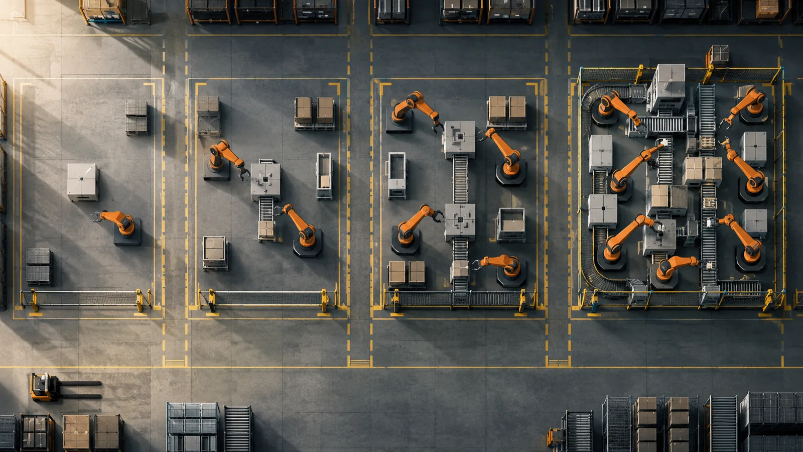 Top-down view of four industrial work cells showing progressively higher concentrations of orange robotic arms, conveyors, pallets, and machinery inside a factory.