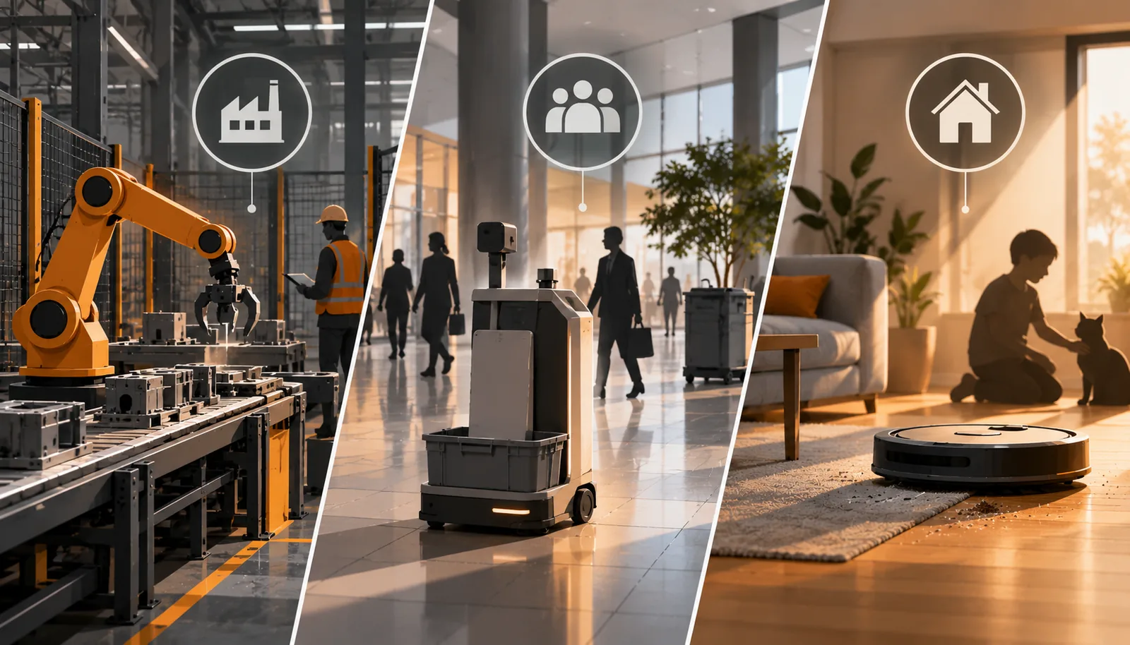 Split-scene illustration showing industrial, public-service and home robots operating in factory, public and domestic environments.