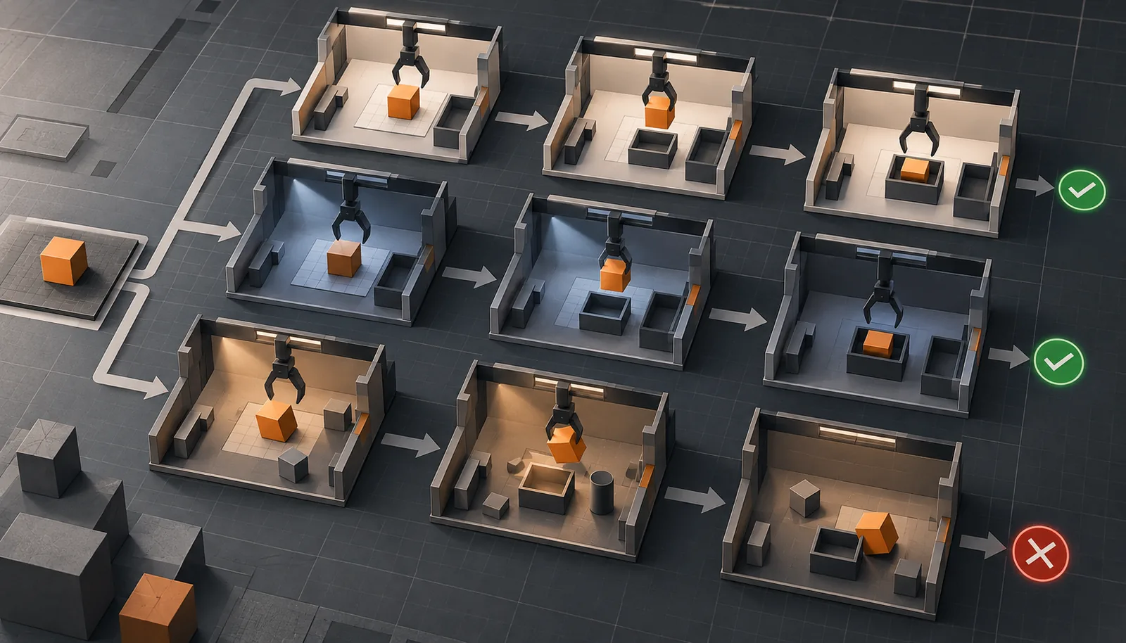 Isometric robotics simulation test environment showing repeated robotic gripper trials with orange cubes under varying conditions, with successful paths marked by green checks and a failed trial marked by a red cross.