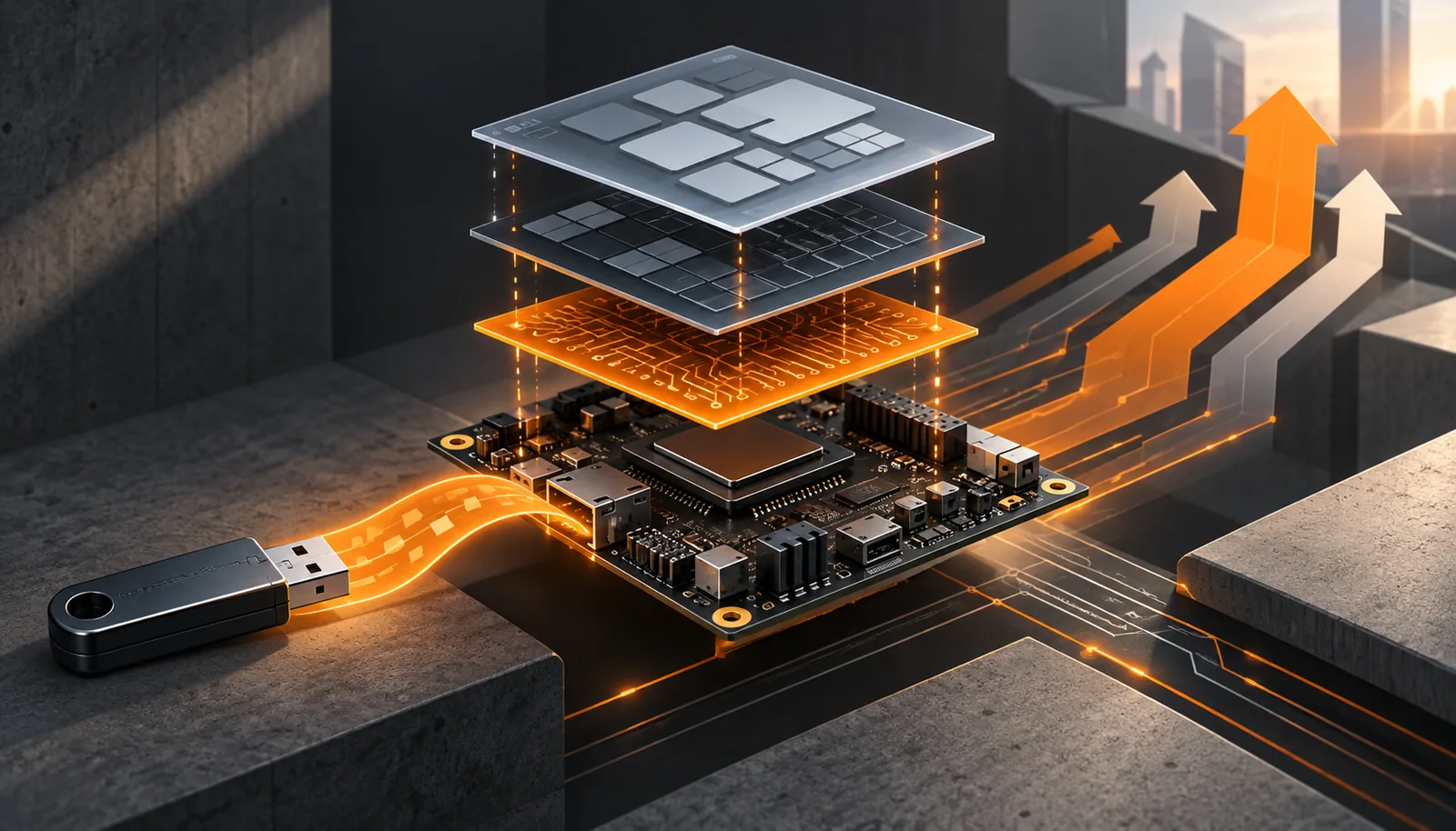 A stylised embedded computing board with exploded circuitry layers, connected to a USB drive by glowing orange data pathways, with upward arrows symbolising a software upgrade and improved performance.
