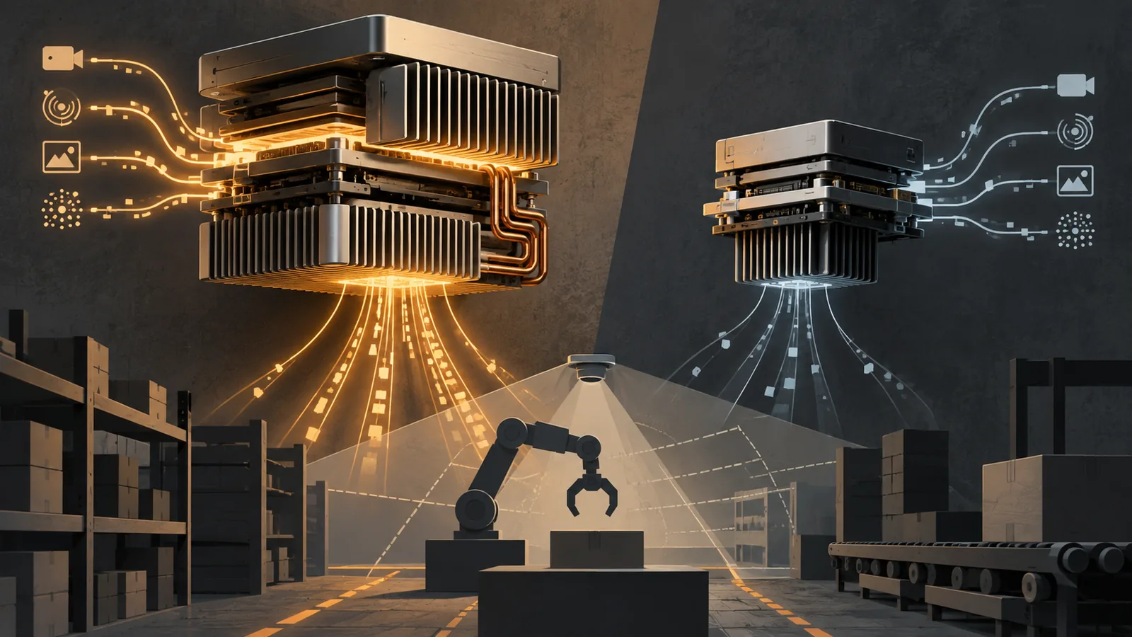 A stylized warehouse scene shows two abstract edge-computing modules feeding glowing data streams into a robotic arm workcell surrounded by shelves, boxes, conveyors, and sensor graphics.