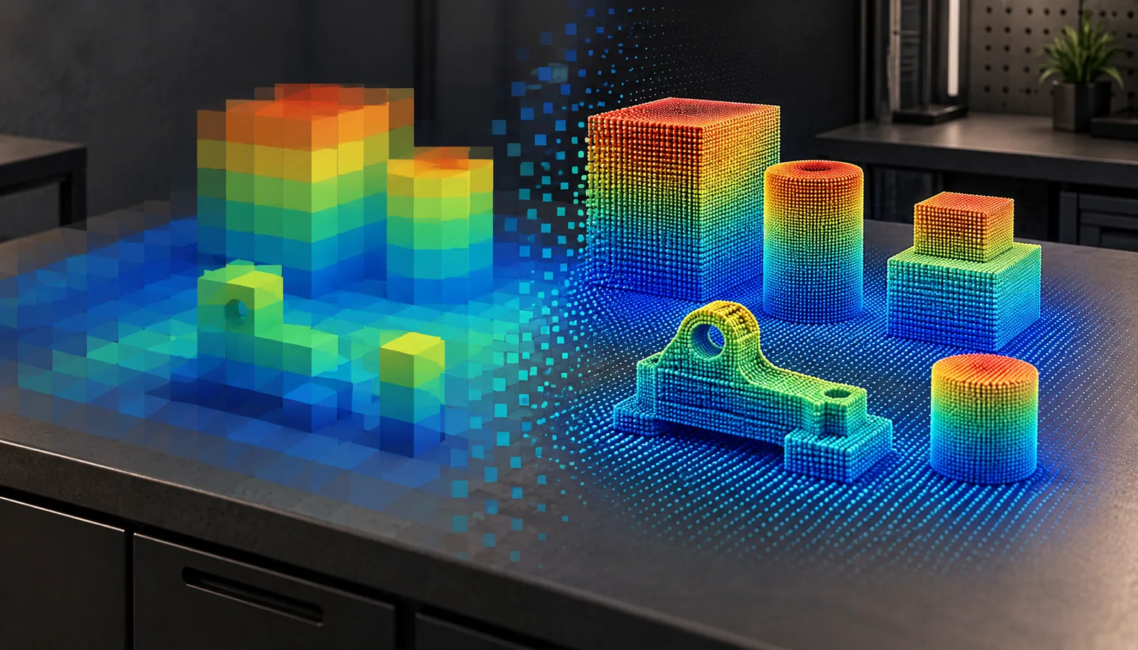 Color-coded depth-sensing visualization showing coarse voxel blocks on the left transitioning into a detailed 3D point cloud of geometric and mechanical objects on the right.