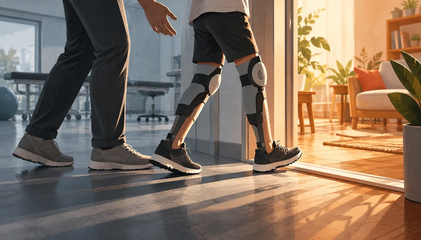 Young person wearing leg braces steps from a rehabilitation clinic into a home while a caregiver walks beside them.