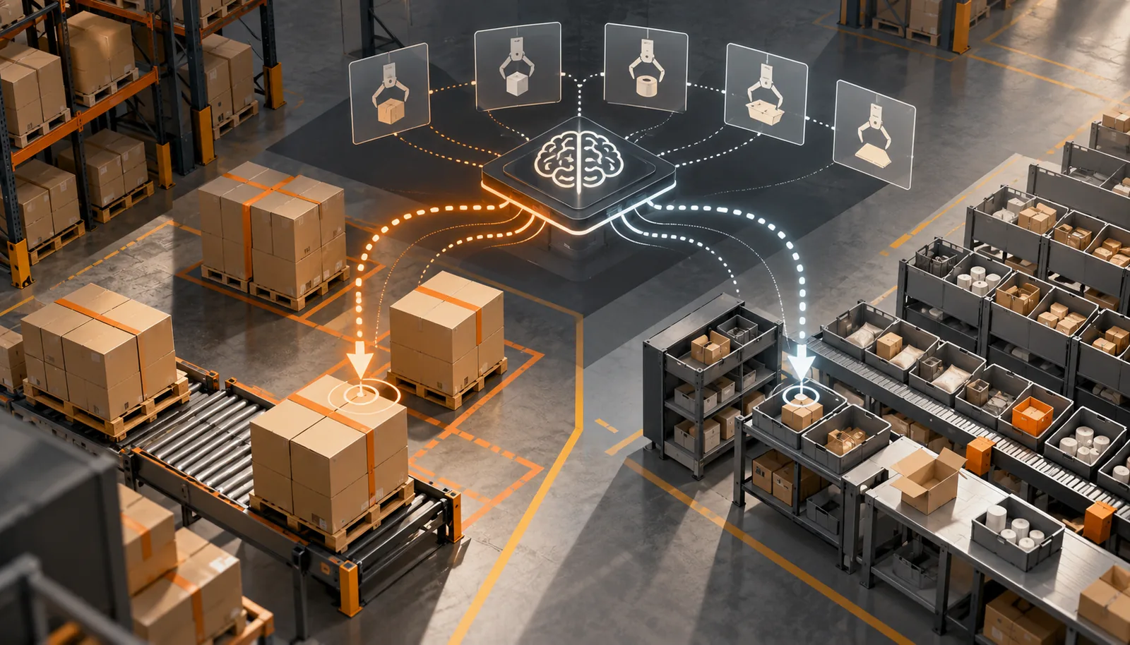 AI-powered warehouse automation concept showing robotic picking workflows for palletized goods and small-item fulfillment.