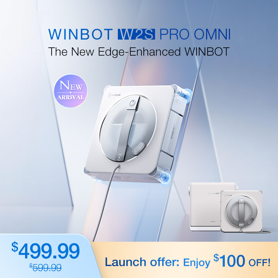 White ECOVACS WINBOT W2S PRO OMNI robot beside its gray portable station and coiled cable