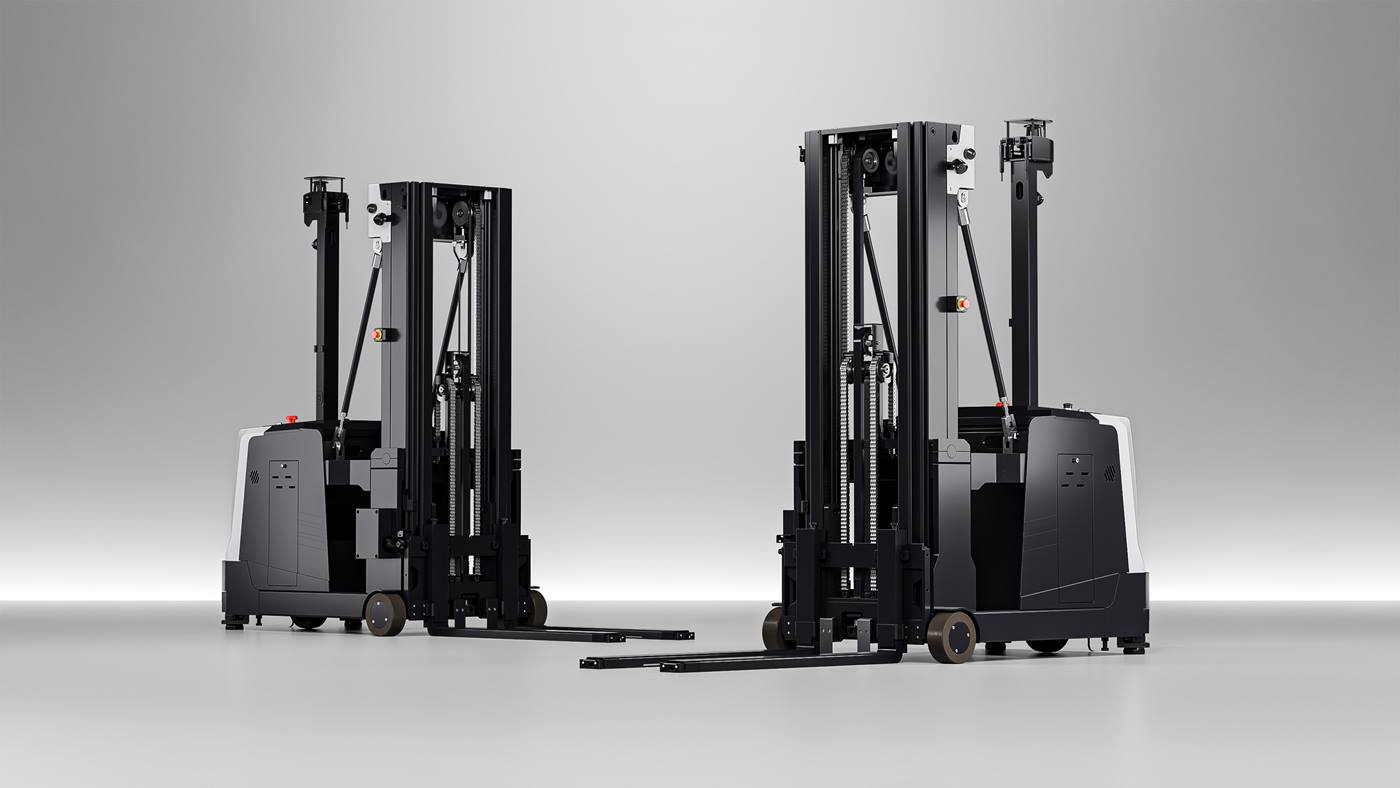 Orange KUKA KMF 1500P-CB autonomous counterbalance forklift carrying a pallet in a warehouse