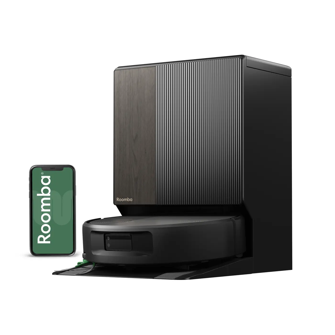 Black Roomba Max 875 Combo robot in front of its AutoWash dock