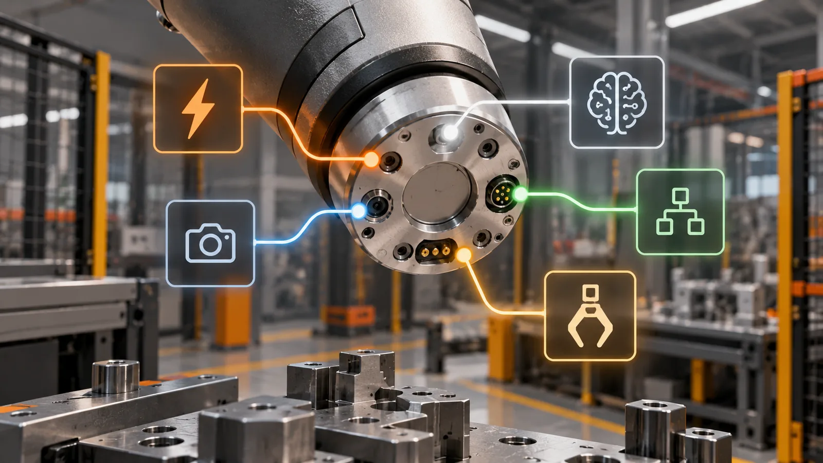 Robotic arm tool flange with integrated power, vision, AI, networking and gripper connections inside an automated industrial factory.